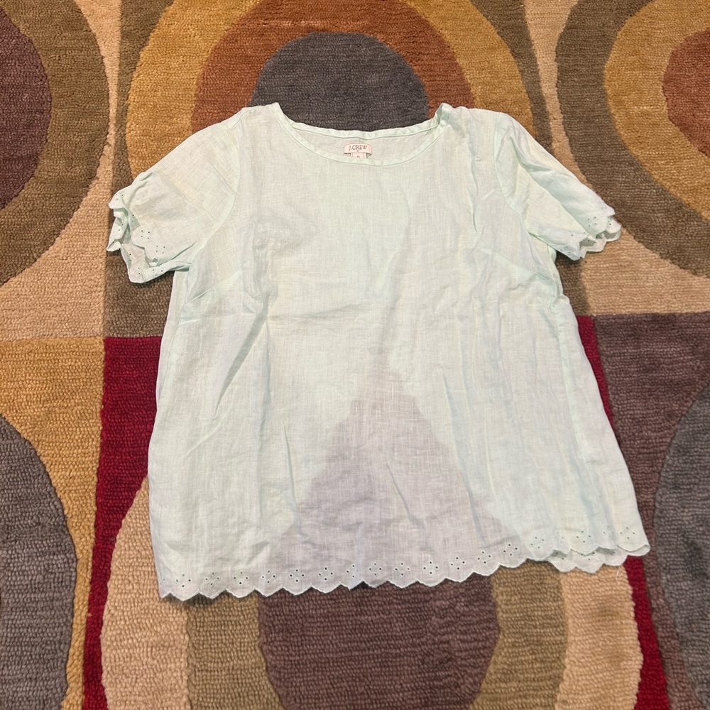 J. Crew 100% Linen Mint Green Open Back Cutout Shirt Blouse Top Scalloped XS